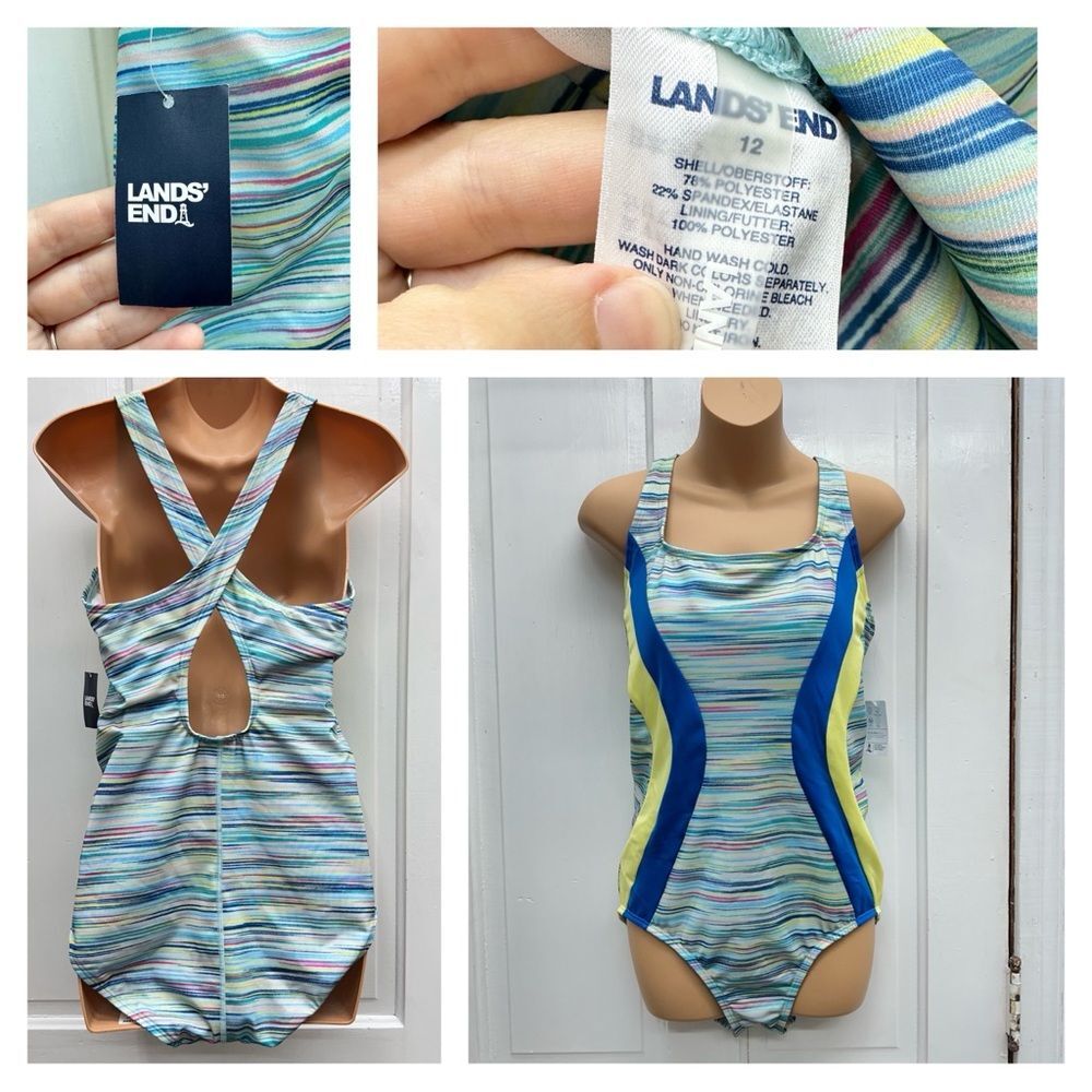 NWT Lands' End athletic scoop neck 1 one piece swim suit women's 12 blue‎ yellow